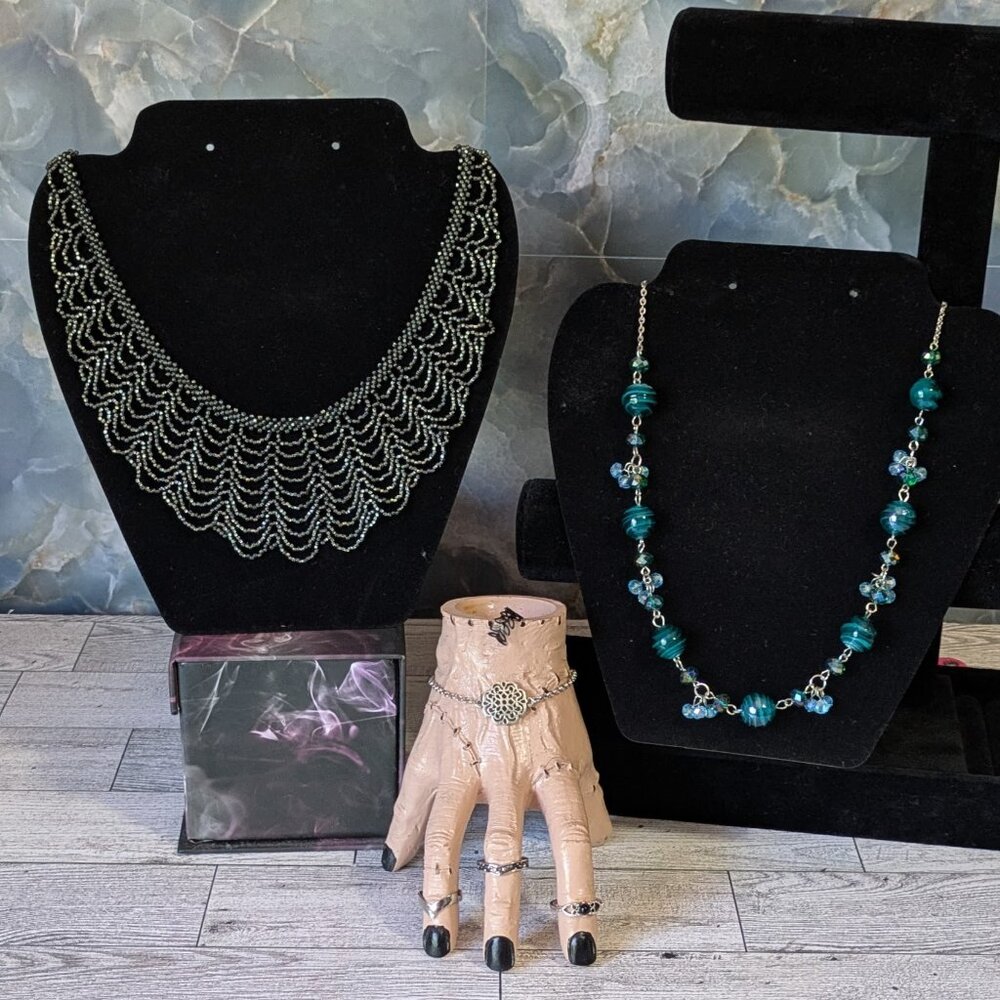 Jewelry Set: Beaded Necklace, Bracelet, 3 rings, and 1 ear cuff